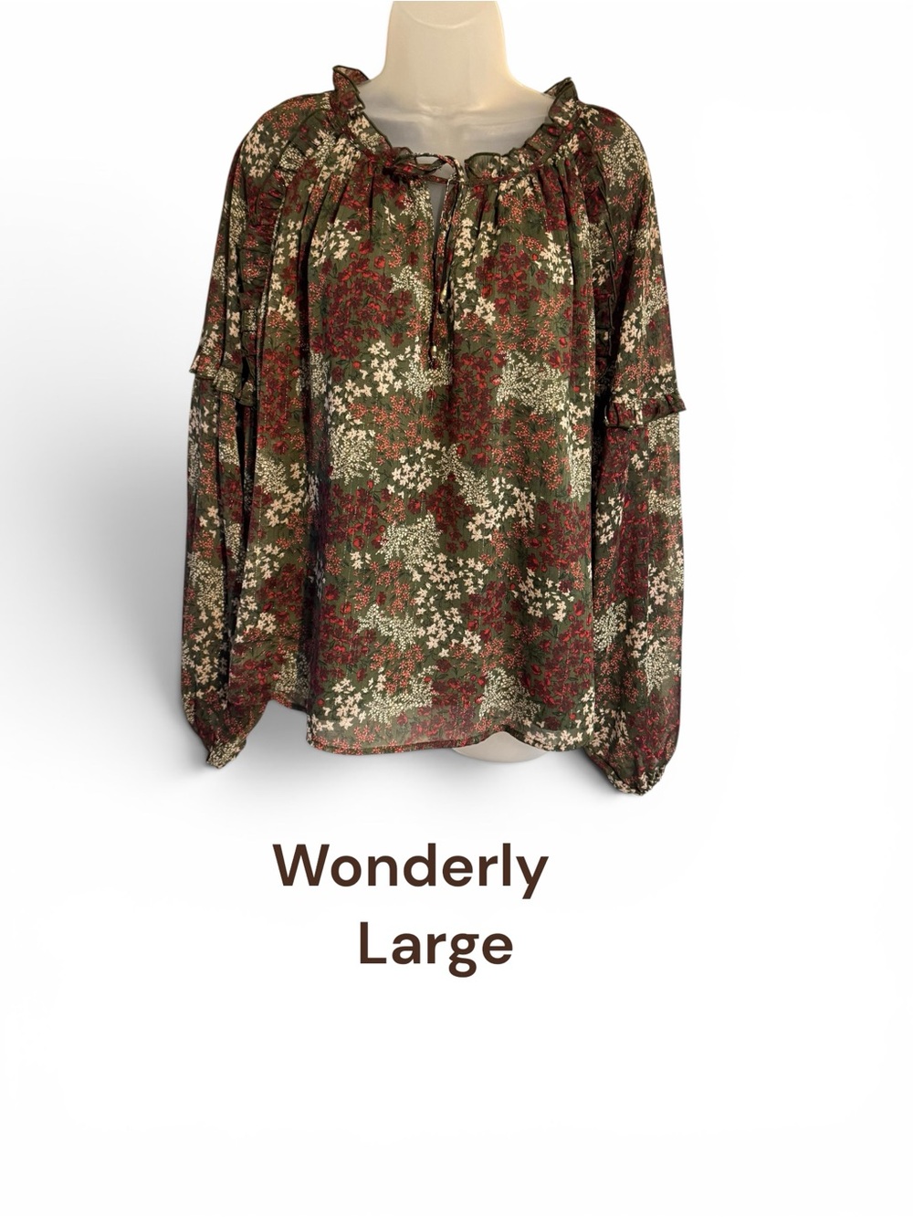 GORGEOUS Olive Floral Tie-Neck Peasant Blouse FALL!!!   LARGE  #W